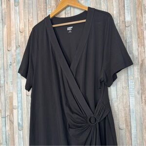 Lands End 3X Gathered Waist Short Sleeve Dress Surplice Wrap V Neck Black Jersey